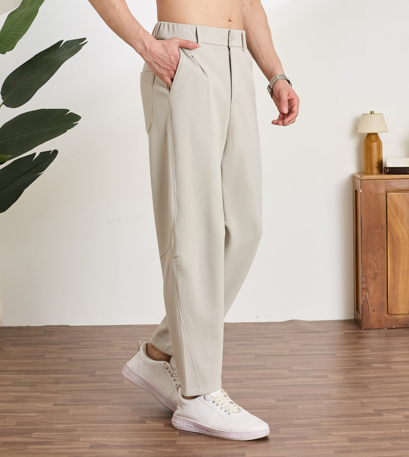 Stone Cotton Dobby Tapered Trousers