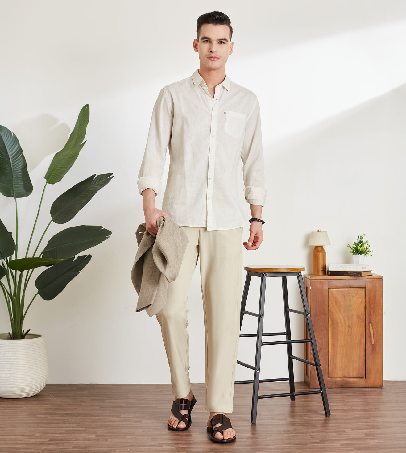 Beige Poly Stretch Smart Formal Trousers