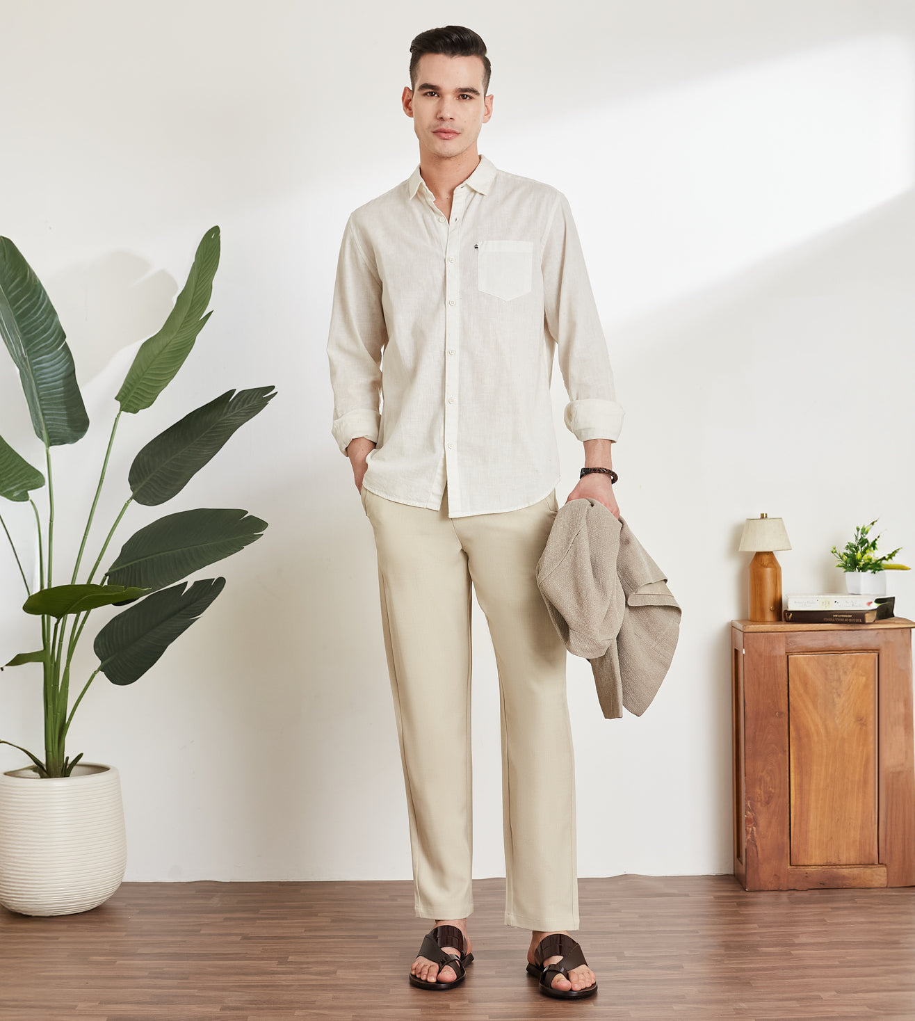 Beige Poly Stretch Smart Formal Trousers