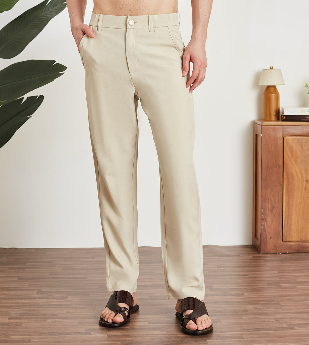 Beige Poly Stretch Smart Formal Trousers