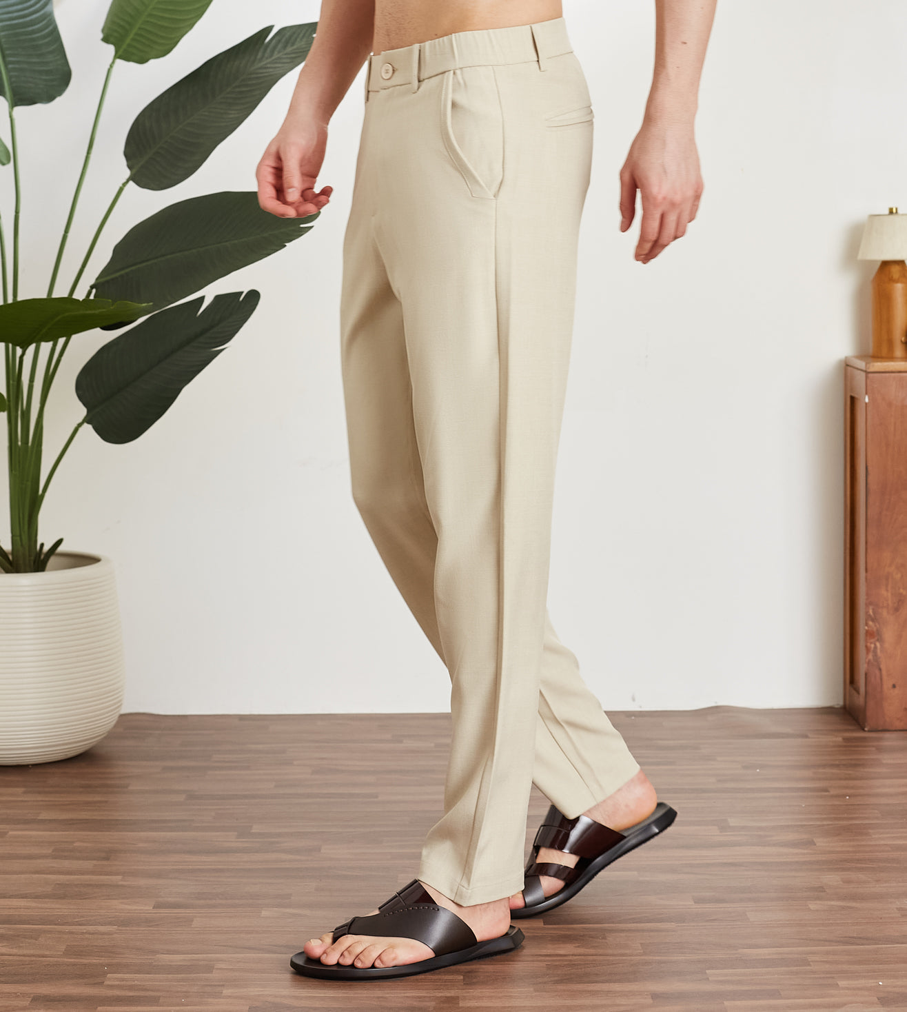 Beige Poly Stretch Smart Formal Trousers