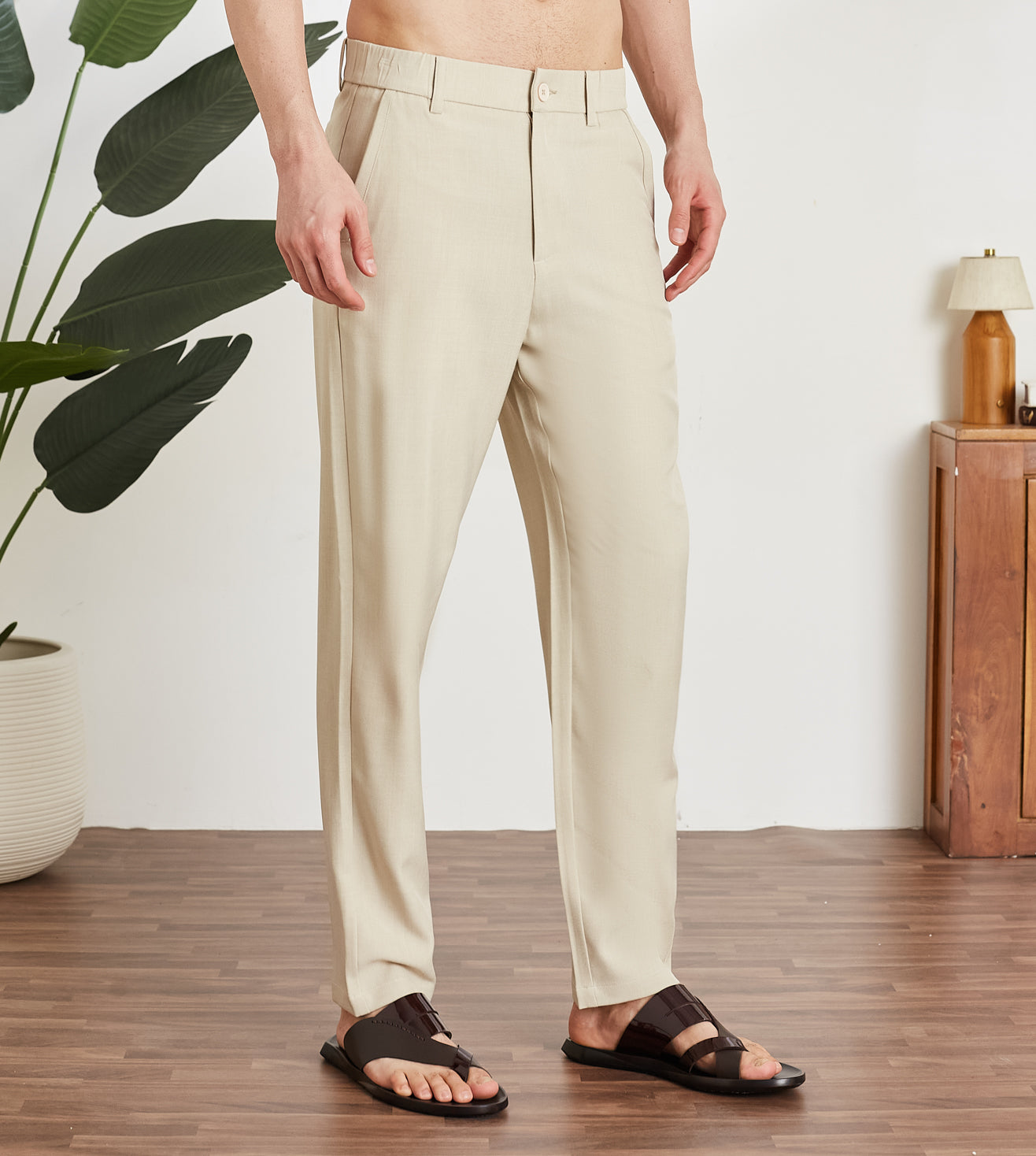 Beige Poly Stretch Smart Formal Trousers