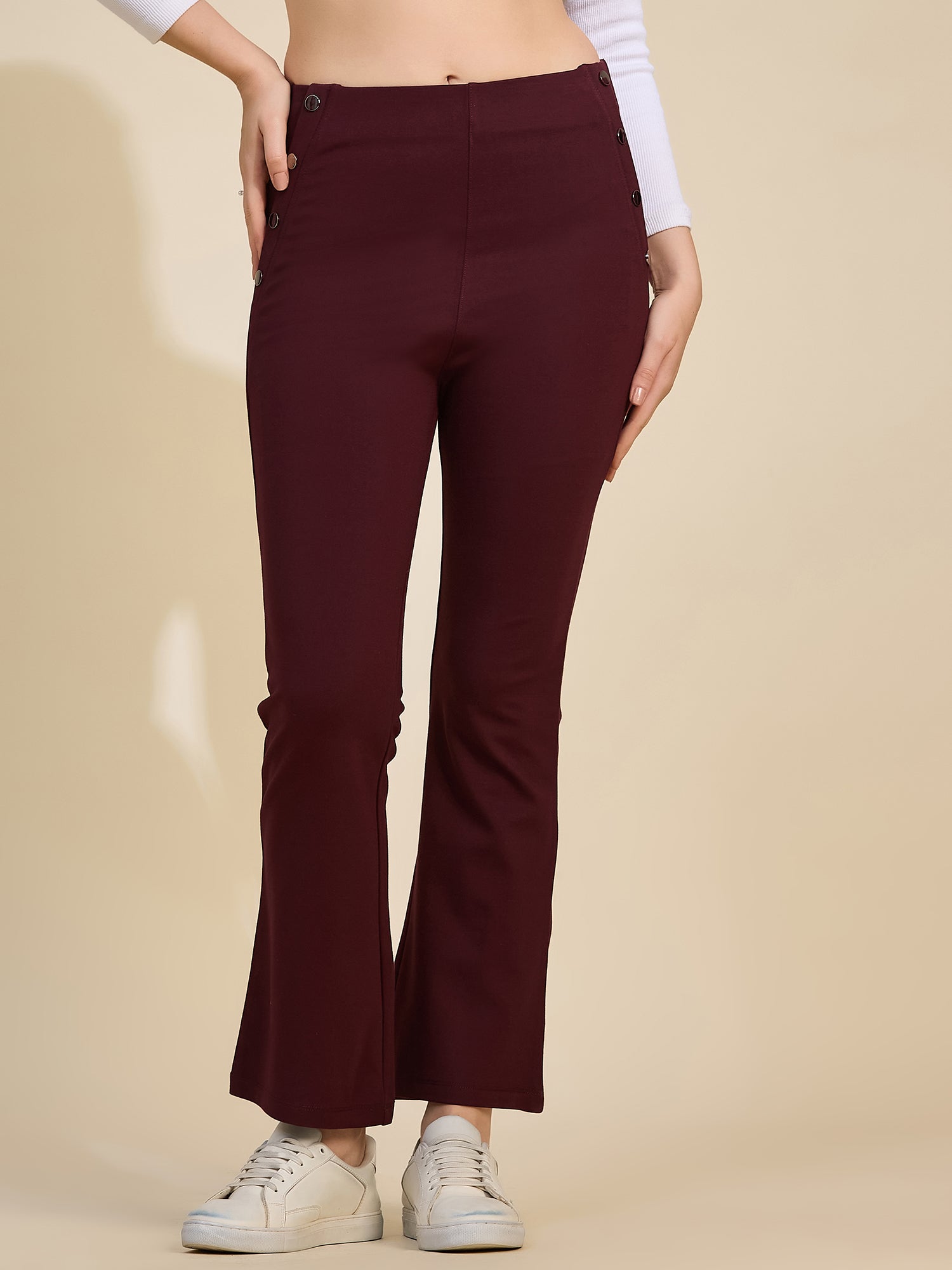 Wine Women's High-Rise Button Detail Flared Ponte Roma Pants