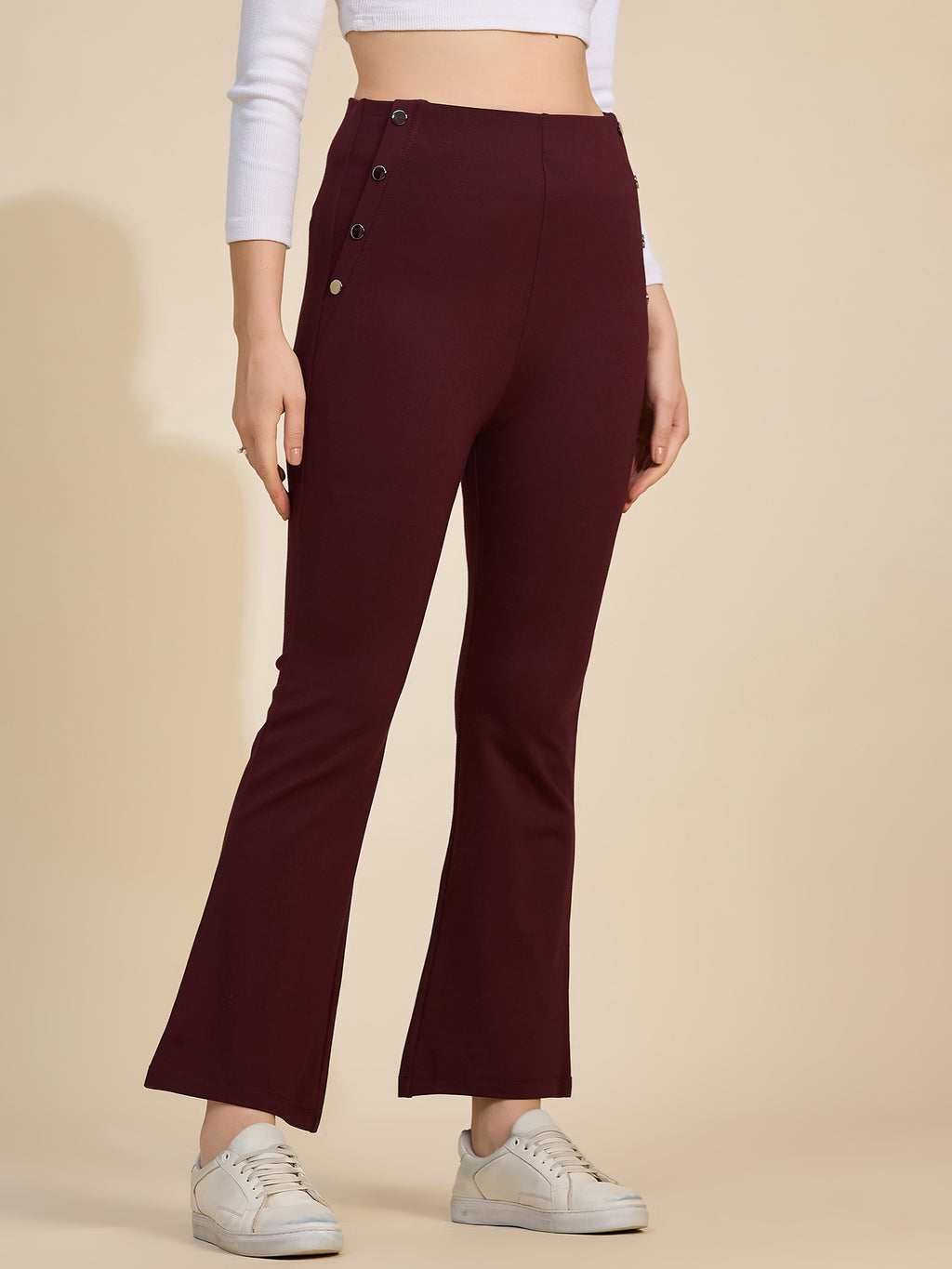 Wine Women's High-Rise Button Detail Flared Ponte Roma Pants