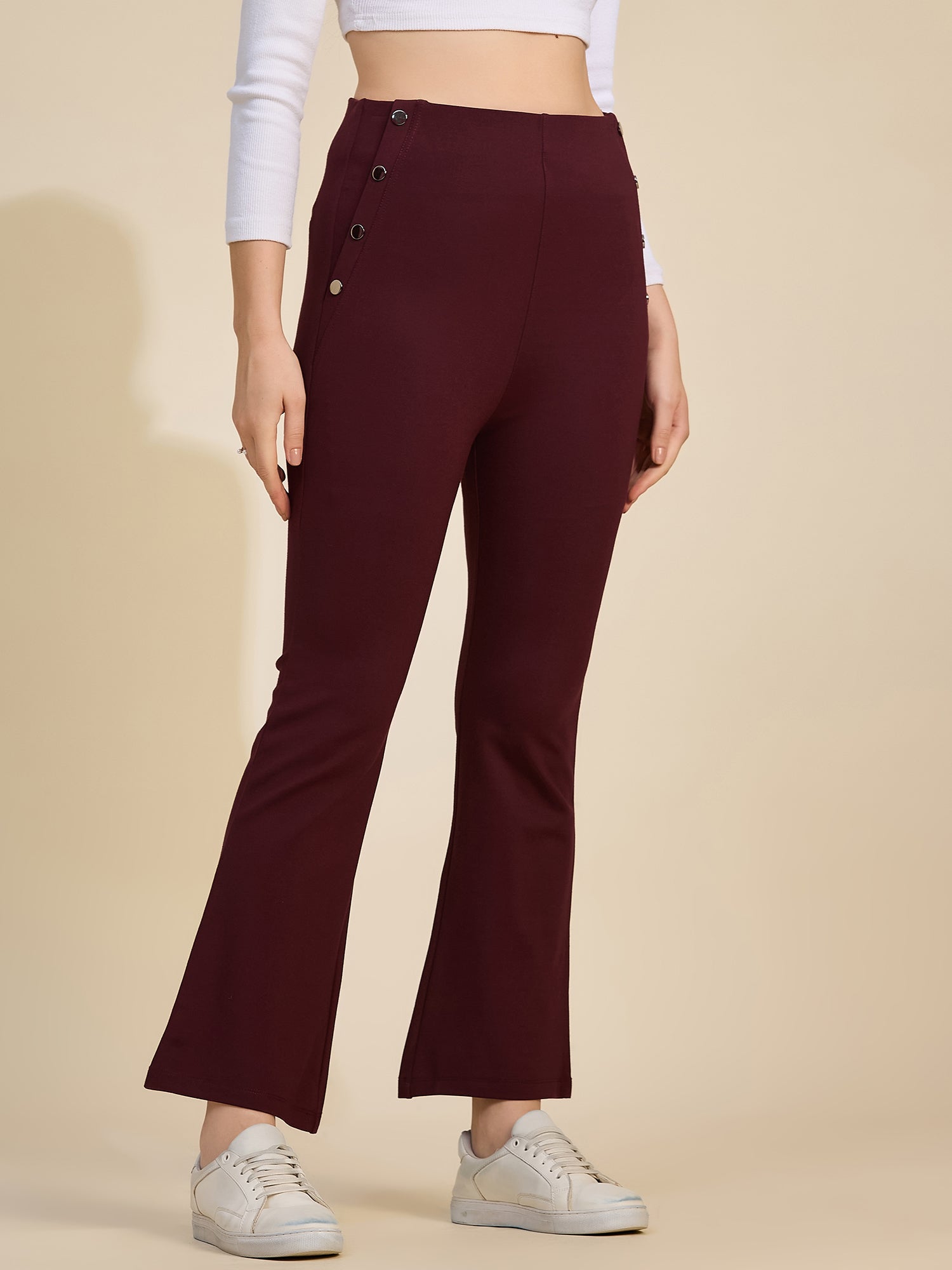 Wine Women's High-Rise Button Detail Flared Ponte Roma Pants