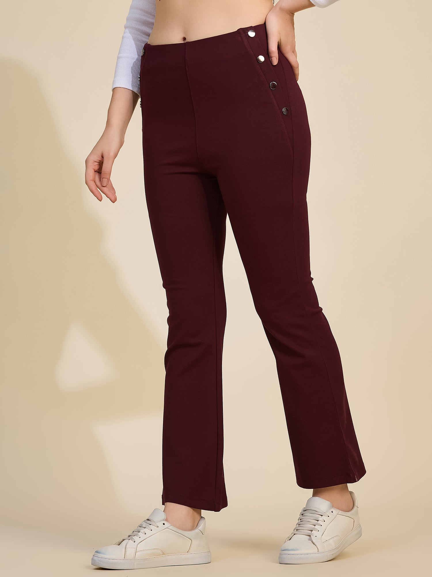 Wine Women's High-Rise Button Detail Flared Ponte Roma Pants