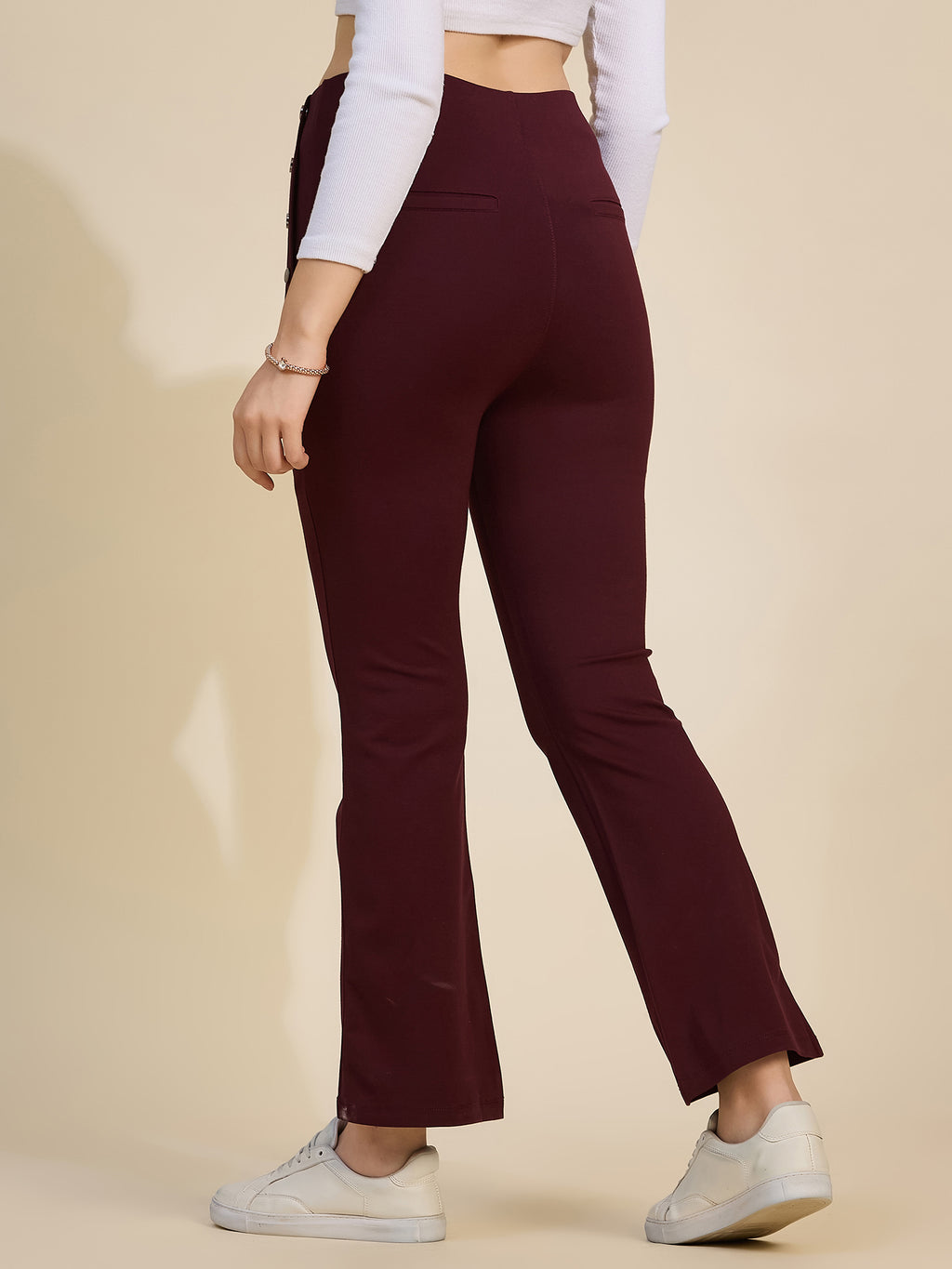 Wine Women's High-Rise Button Detail Flared Ponte Roma Pants