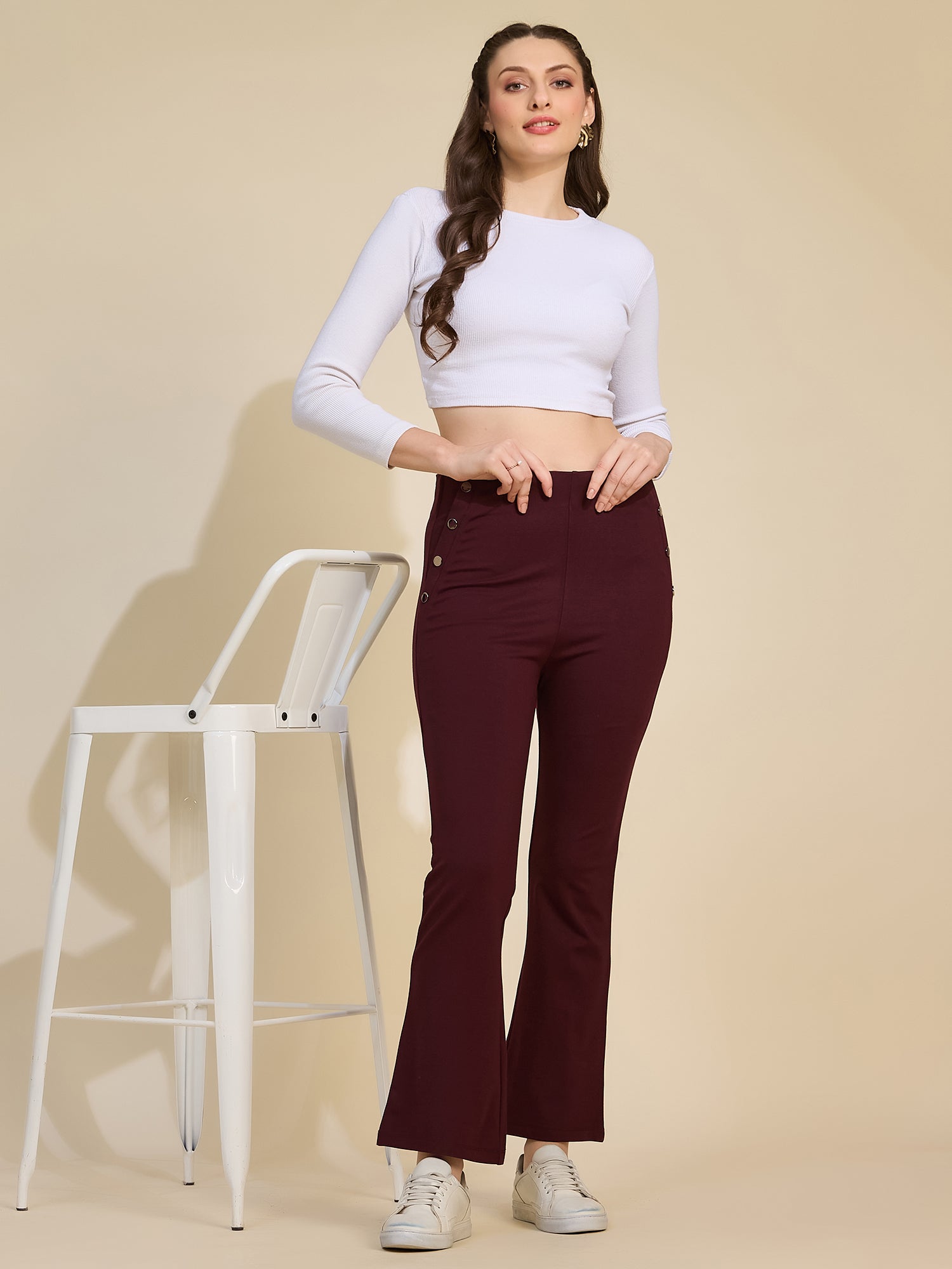Wine Women's High-Rise Button Detail Flared Ponte Roma Pants