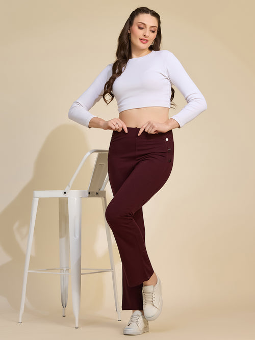 Wine Women's High-Rise Button Detail Flared Ponte Roma Pants