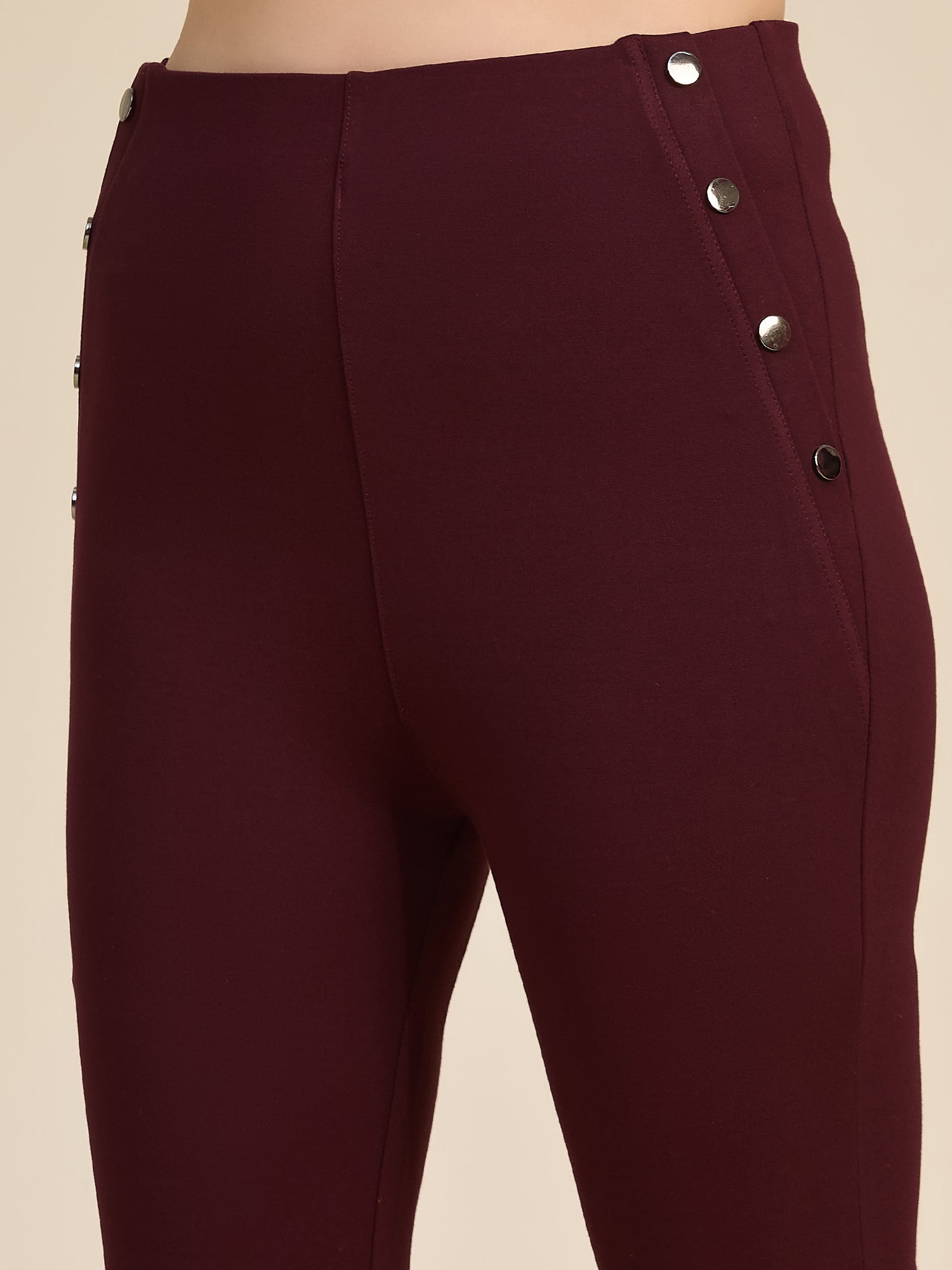 Wine Women's High-Rise Button Detail Flared Ponte Roma Pants