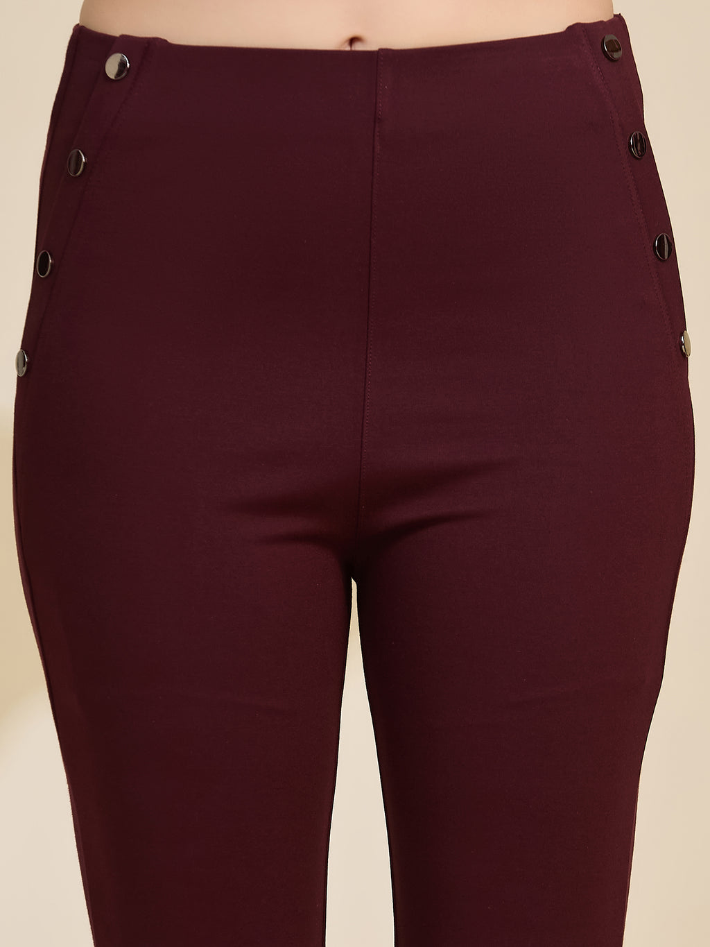 Wine Women's High-Rise Button Detail Flared Ponte Roma Pants