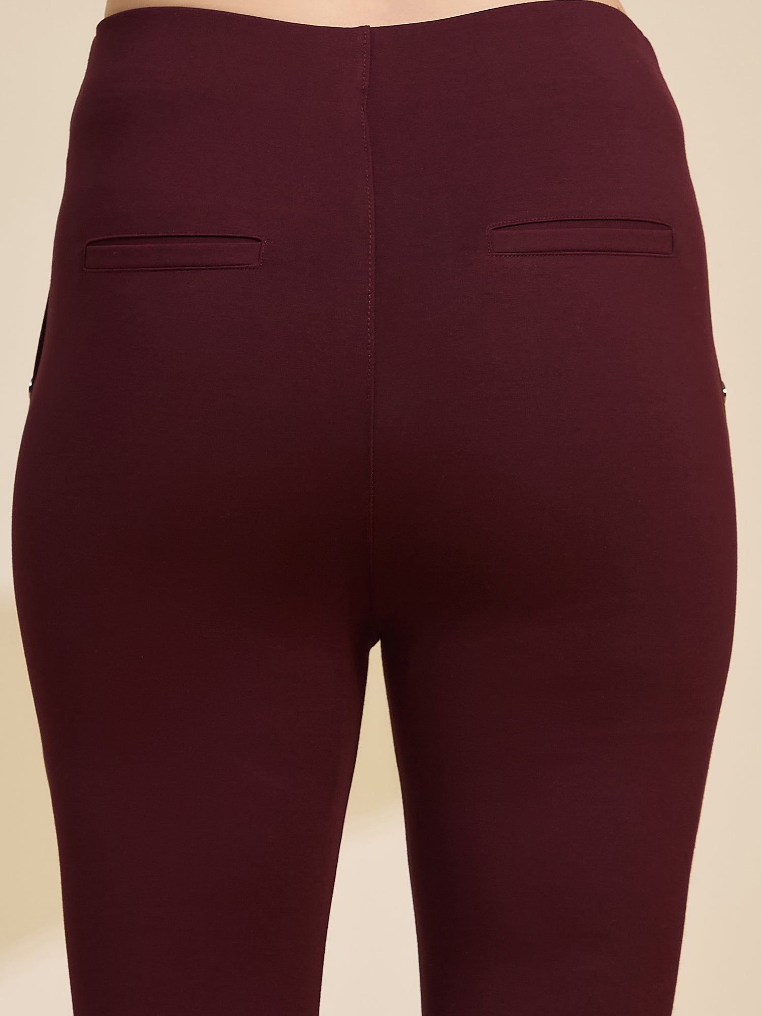 Wine Women's High-Rise Button Detail Flared Ponte Roma Pants