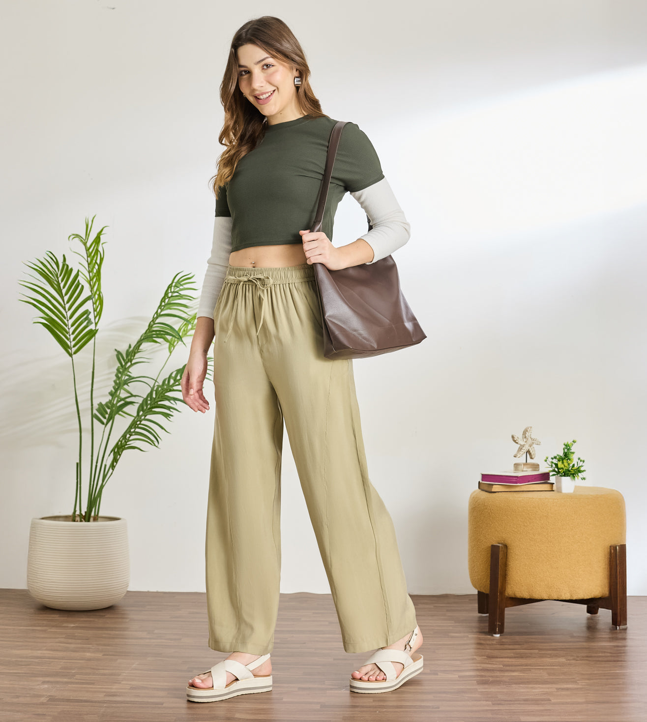 Olive Cotton Linen Straight Pants
