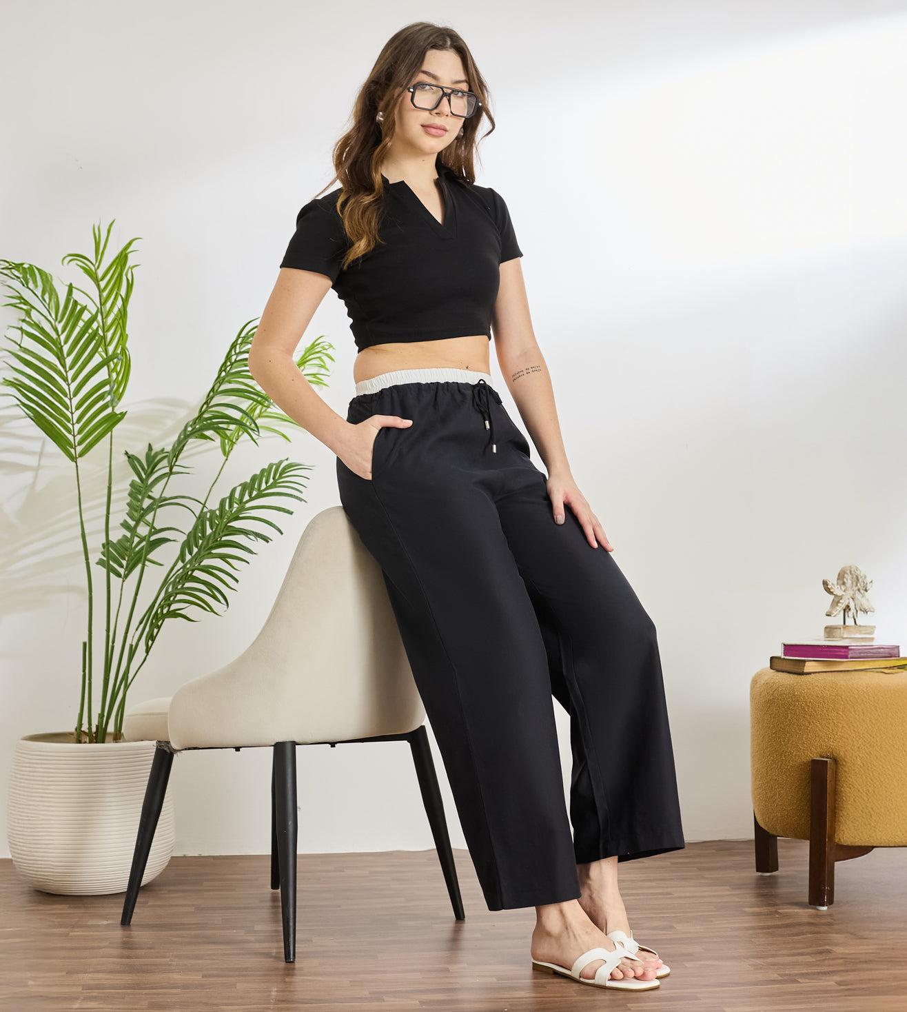 Black Cotton Linen Contrast Pants