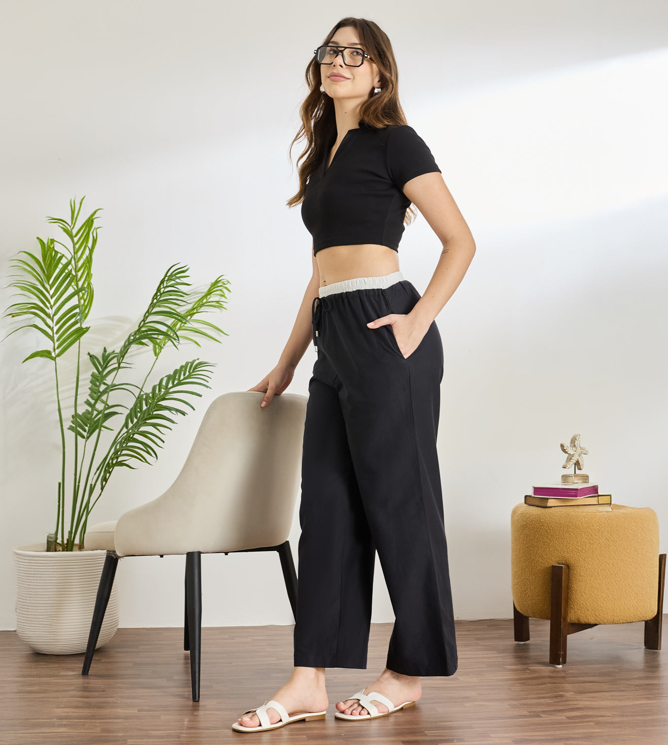 Black Cotton Linen Contrast Pants