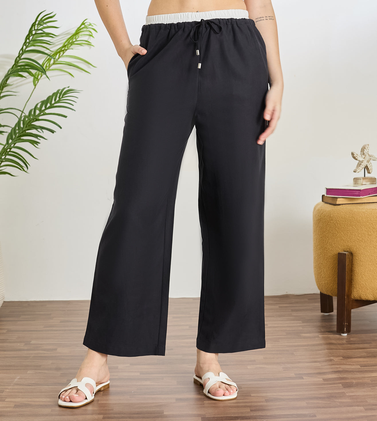 Black Cotton Linen Contrast Pants