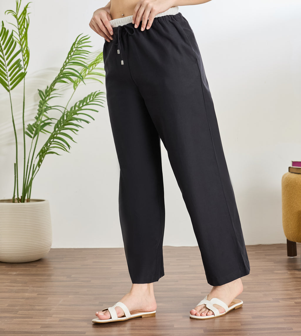 Black Cotton Linen Contrast Pants