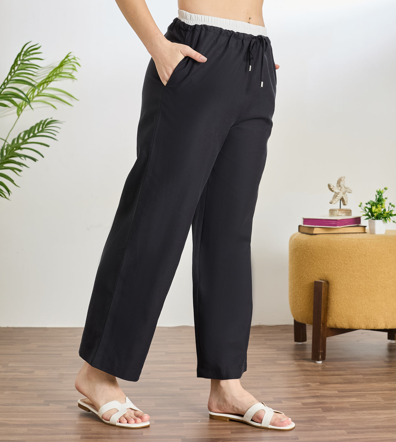 Black Cotton Linen Contrast Pants