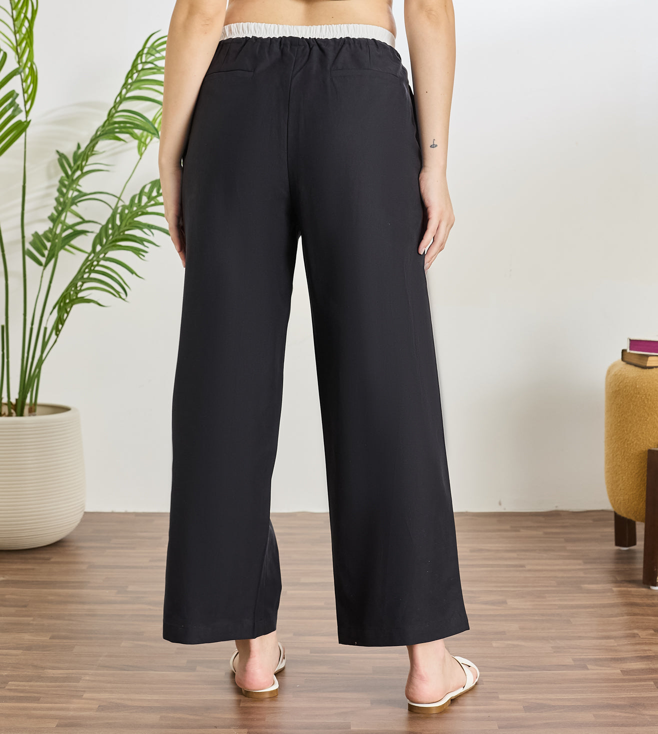 Black Cotton Linen Contrast Pants