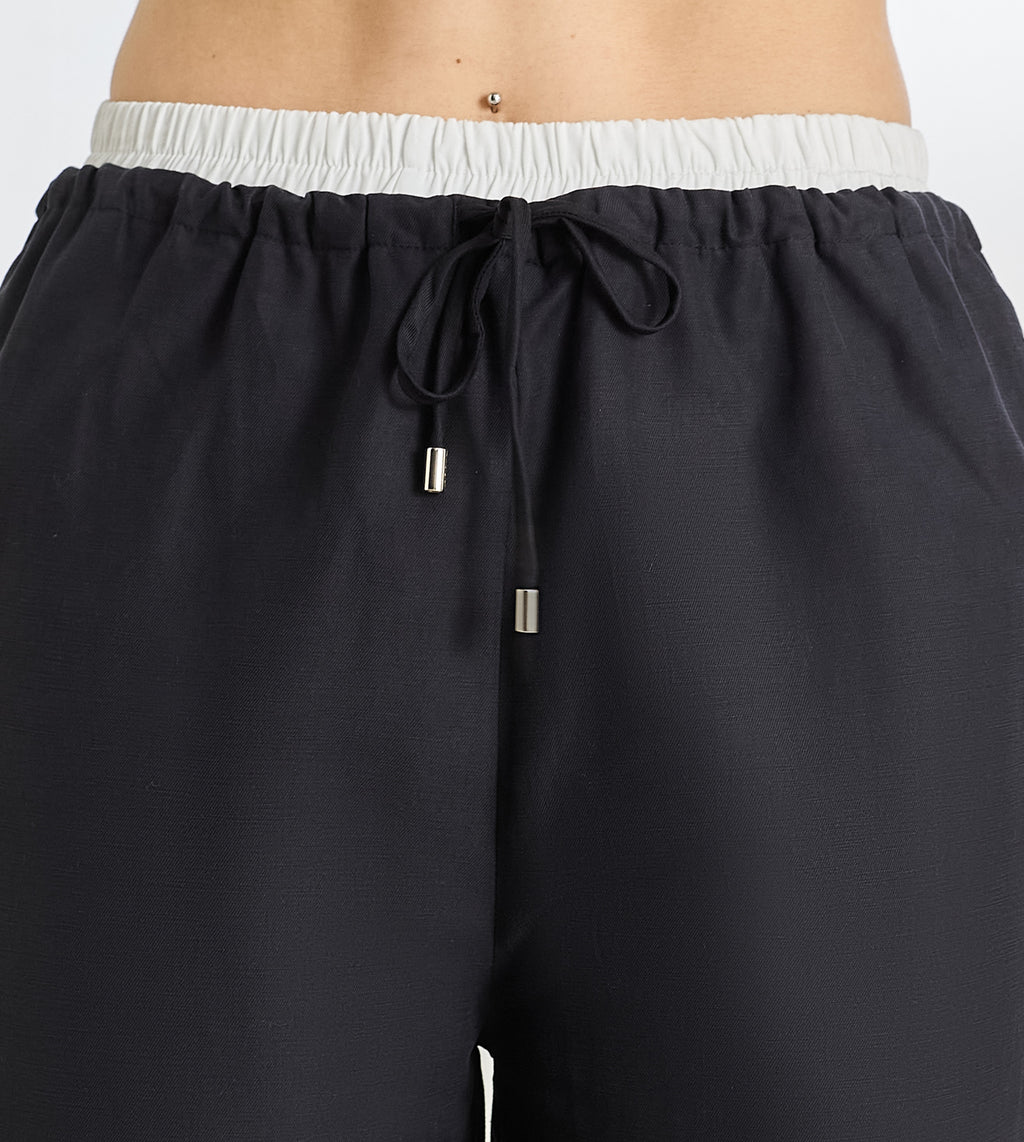 Black Cotton Linen Contrast Pants
