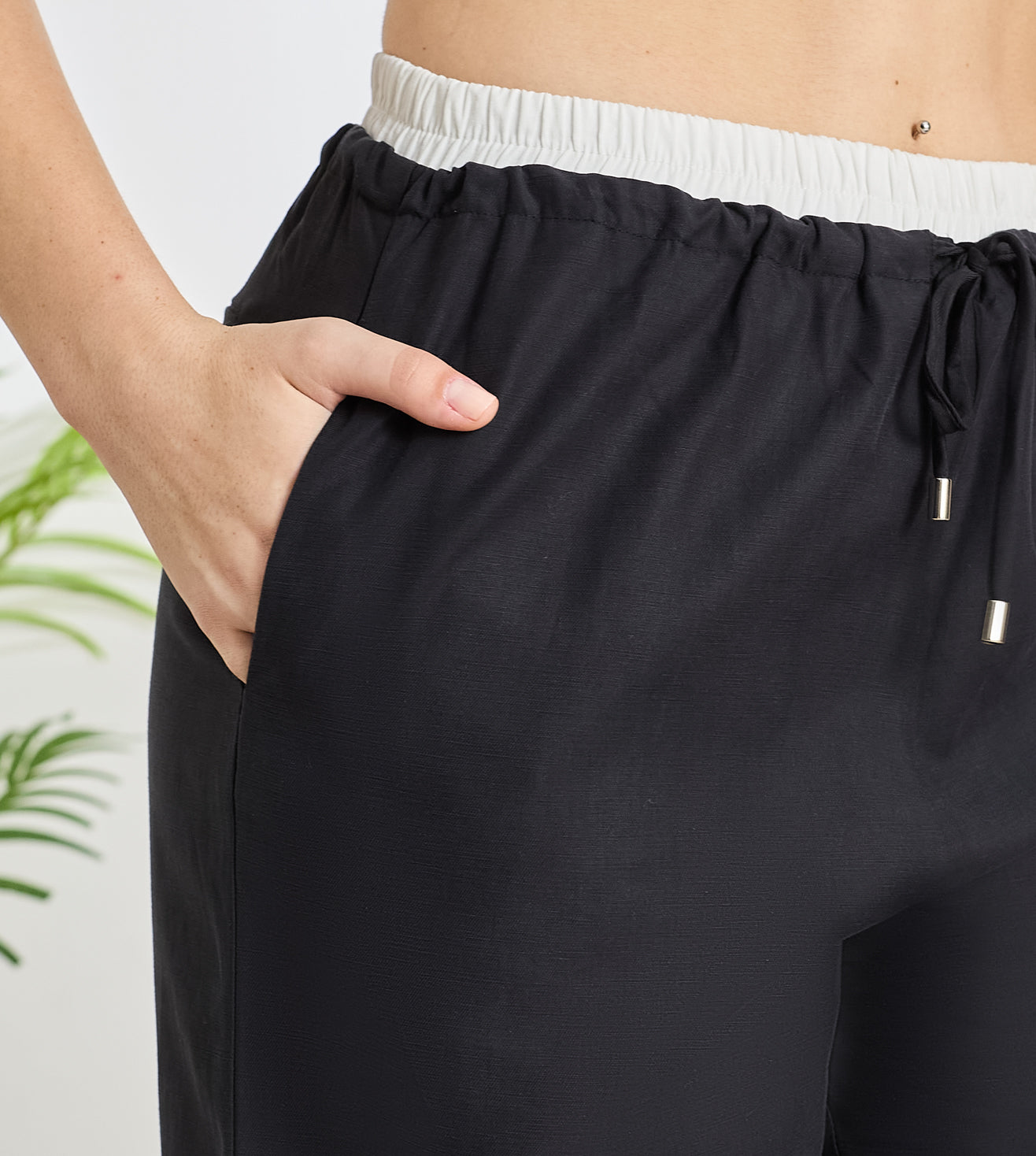 Black Cotton Linen Contrast Pants