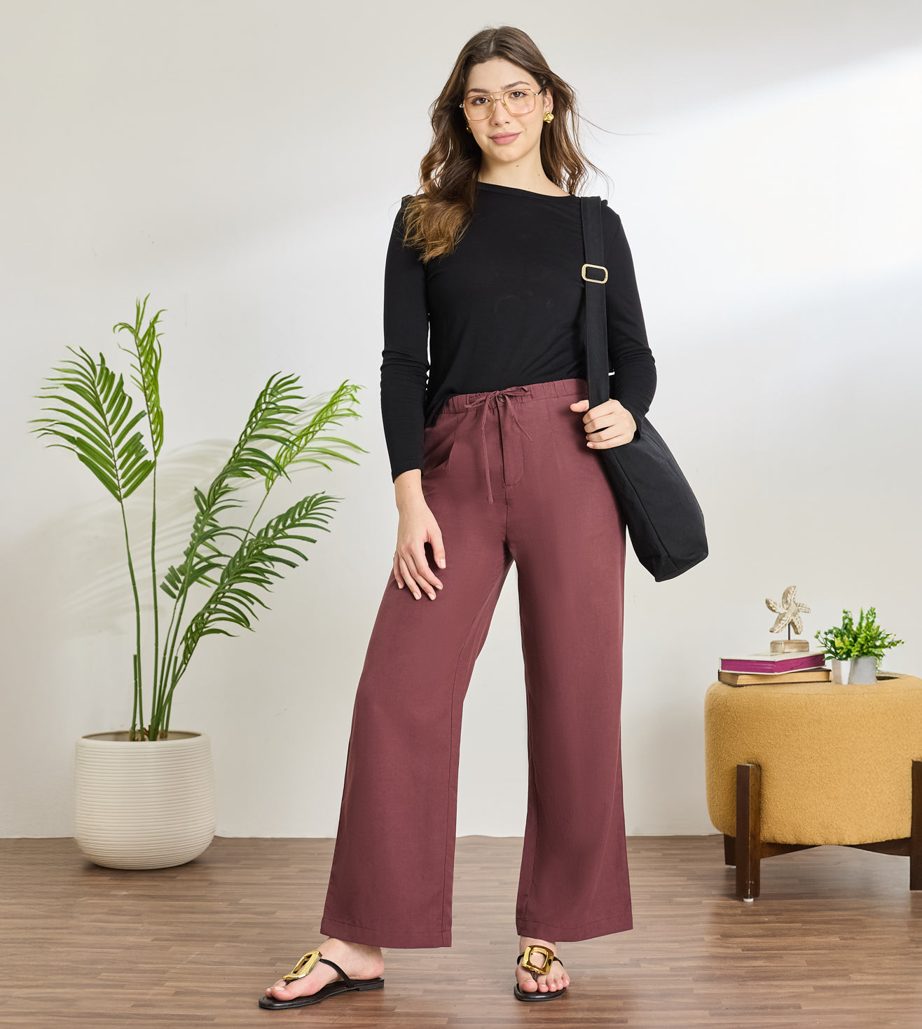 Wine Cotton Linen Wide Leg Pants