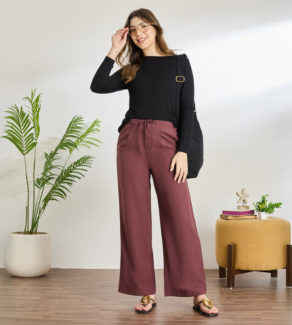 Wine Cotton Linen Wide Leg Pants