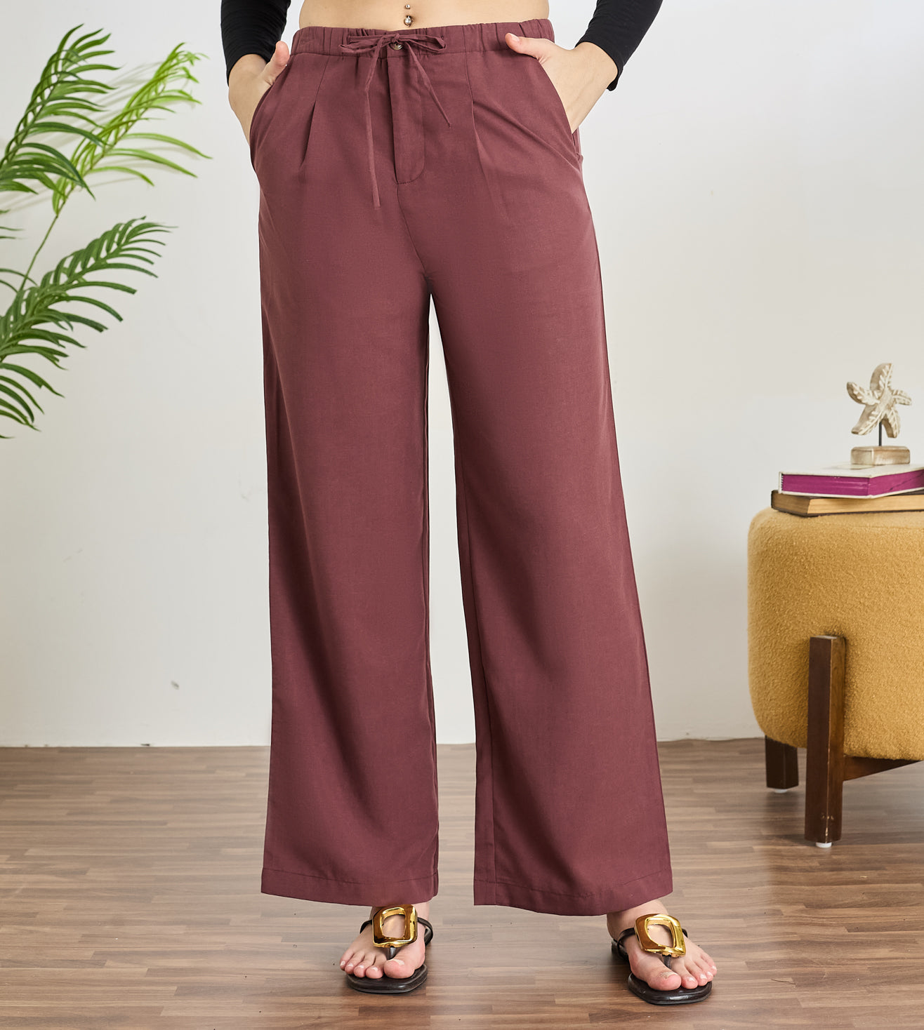 Wine Cotton Linen Wide Leg Pants
