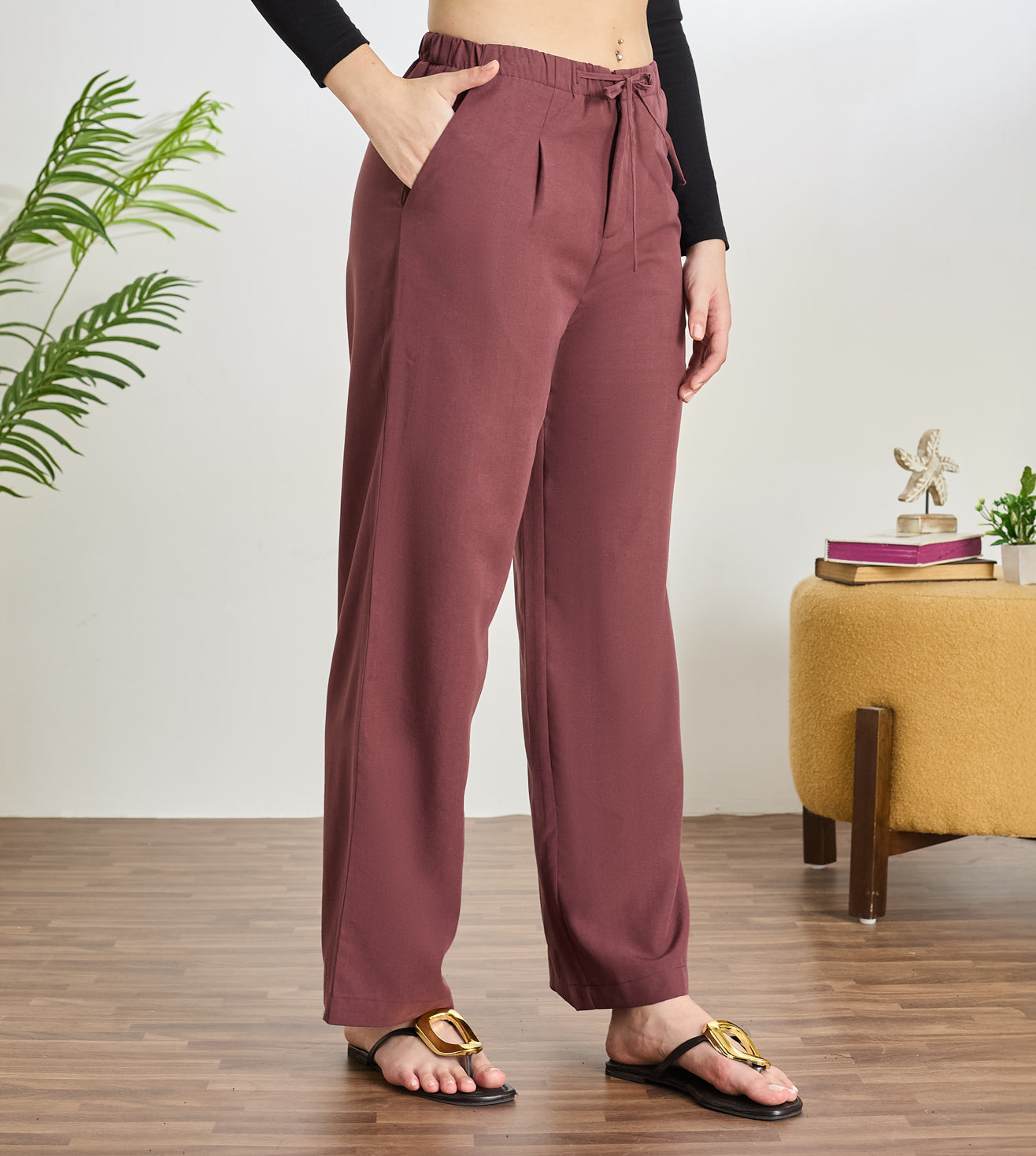 Wine Cotton Linen Wide Leg Pants