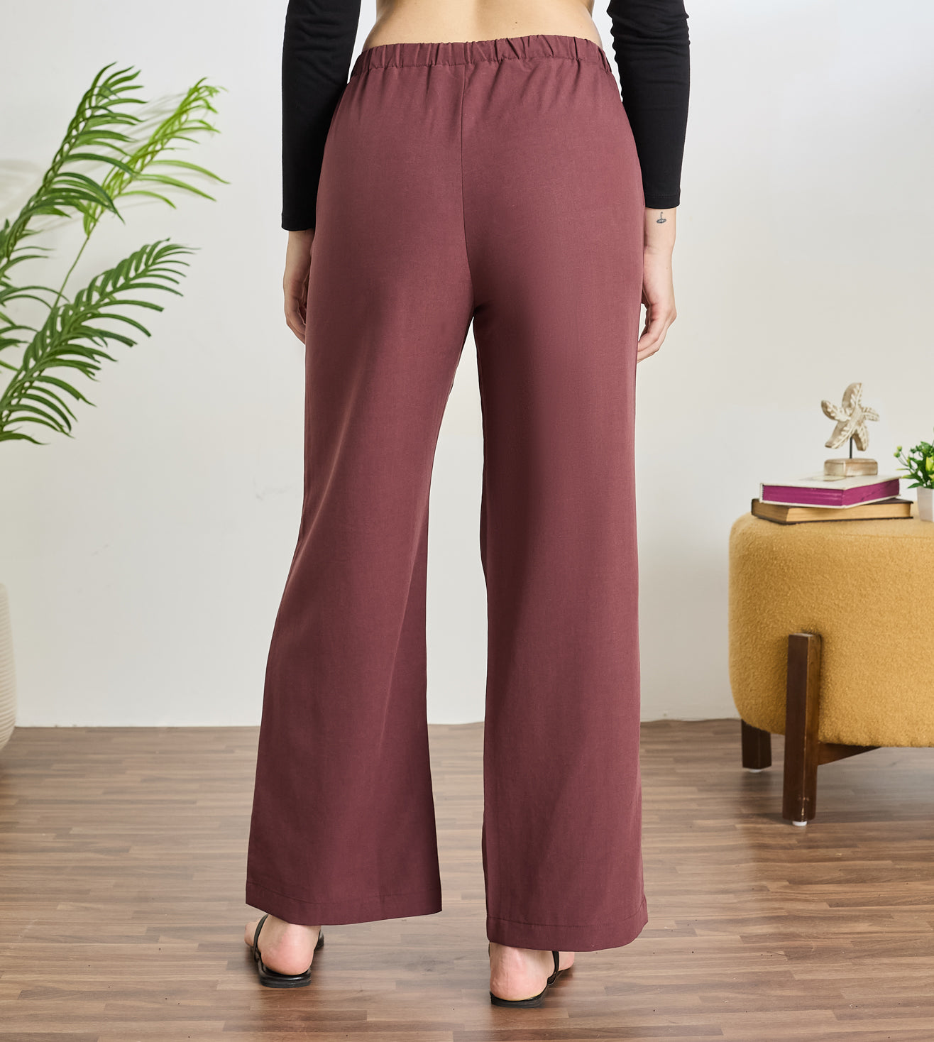 Wine Cotton Linen Wide Leg Pants