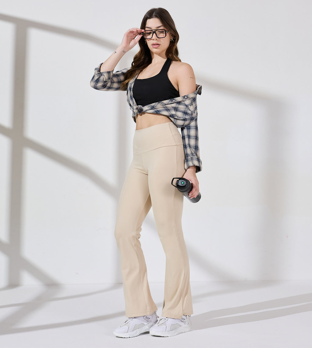 Beige Nylon Spandex Flared Pants