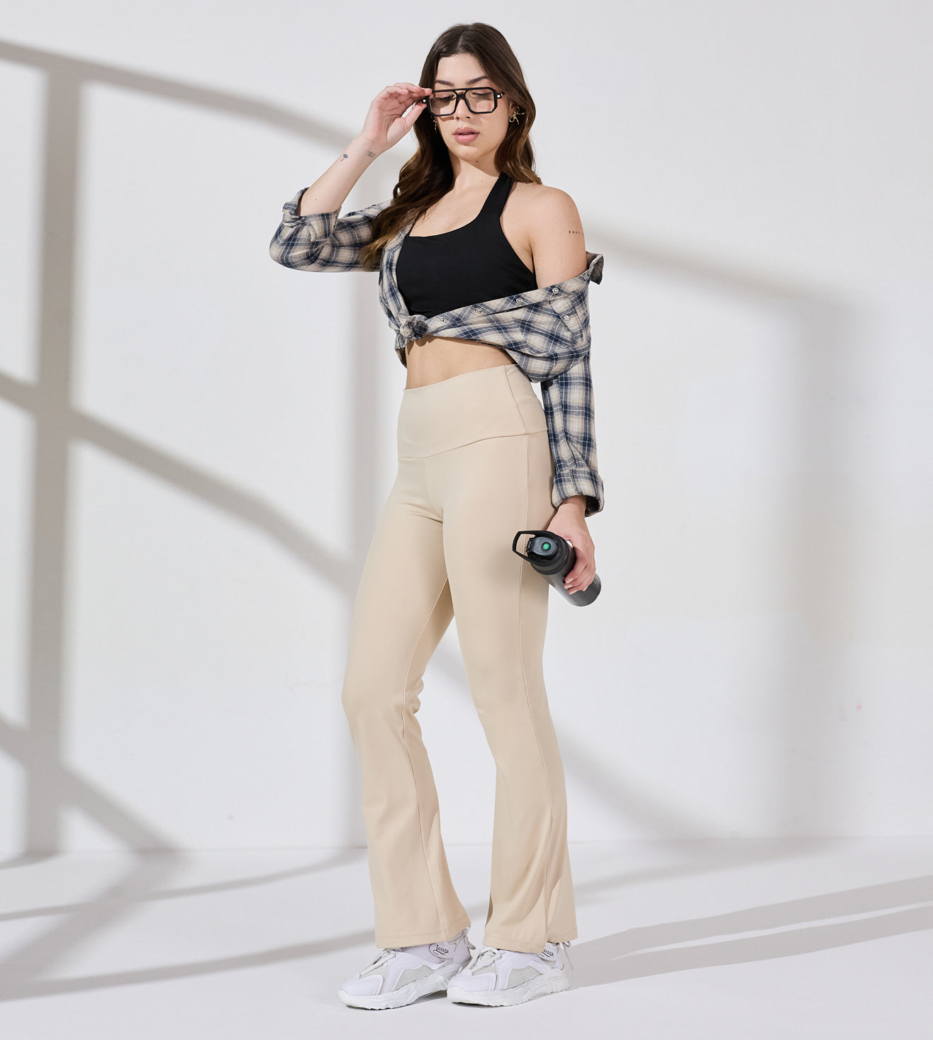 Beige Nylon Spandex Flared Pants