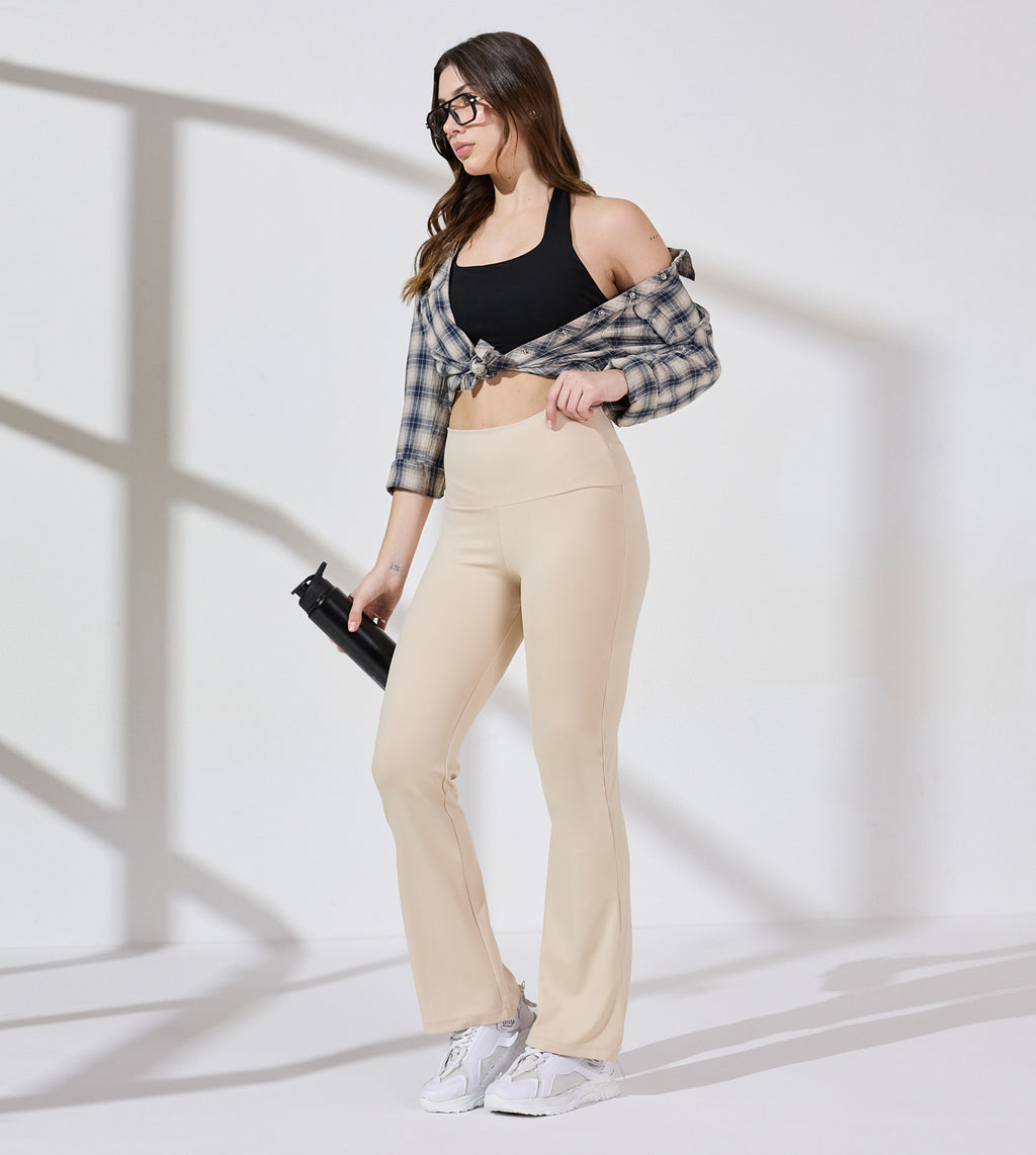 Beige Nylon Spandex Flared Pants